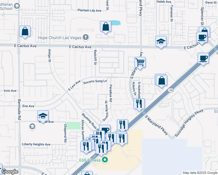 map of restaurants, bars, coffee shops, grocery stores, and more near 10766 Artesia Wells Street in Henderson