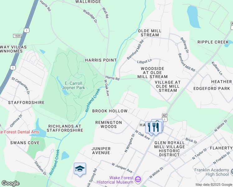 map of restaurants, bars, coffee shops, grocery stores, and more near 460 West Oak Avenue in Wake Forest