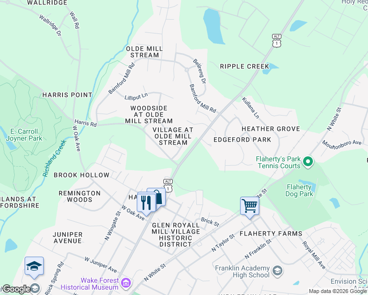 map of restaurants, bars, coffee shops, grocery stores, and more near 916 Amersham Lane in Wake Forest