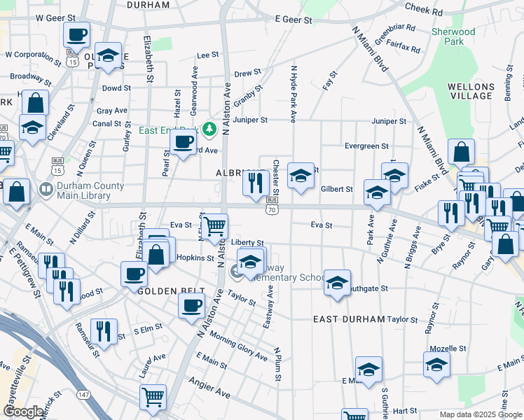 map of restaurants, bars, coffee shops, grocery stores, and more near 1006 Holloway Street in Durham