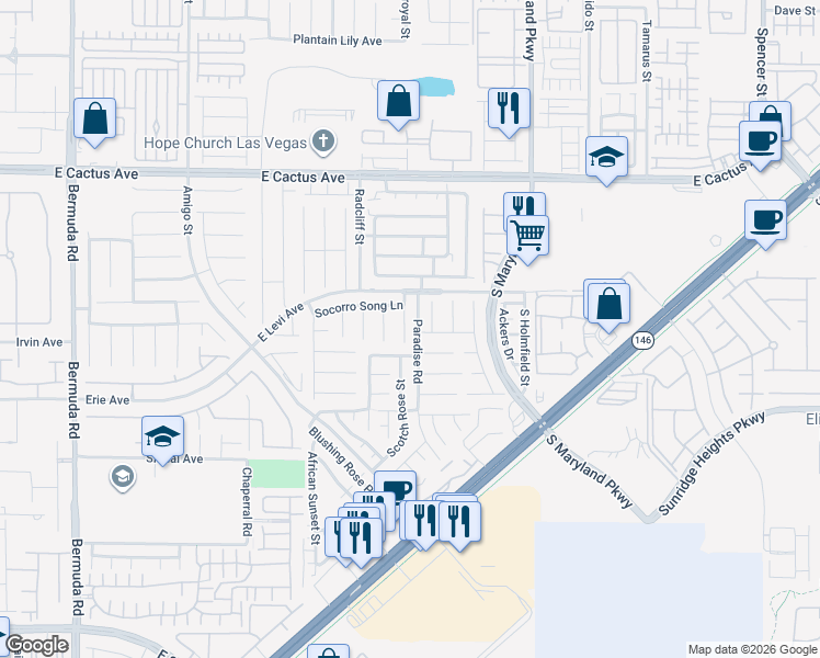 map of restaurants, bars, coffee shops, grocery stores, and more near 10766 Artesia Wells Street in Henderson