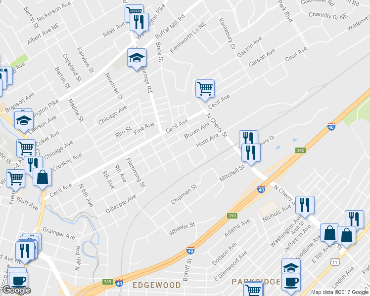 map of restaurants, bars, coffee shops, grocery stores, and more near 2425 Hoitt Avenue in Knoxville