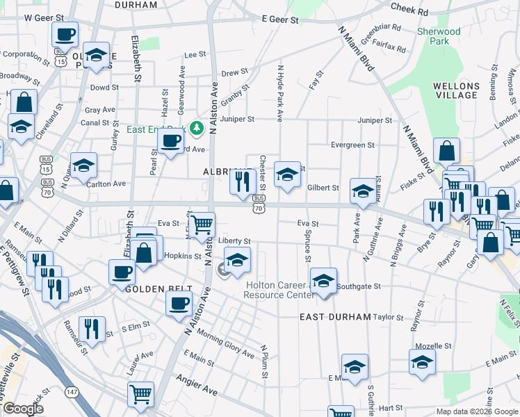 map of restaurants, bars, coffee shops, grocery stores, and more near 1006 Holloway Street in Durham