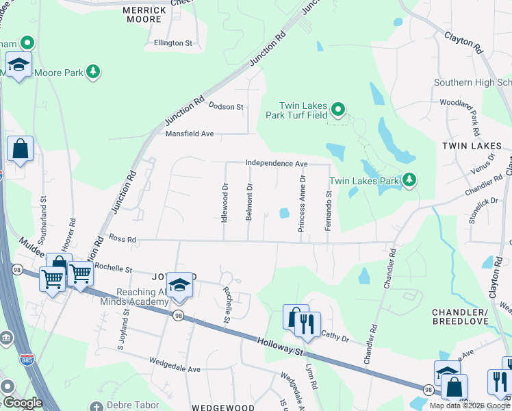 map of restaurants, bars, coffee shops, grocery stores, and more near 413 Belmont Drive in Durham