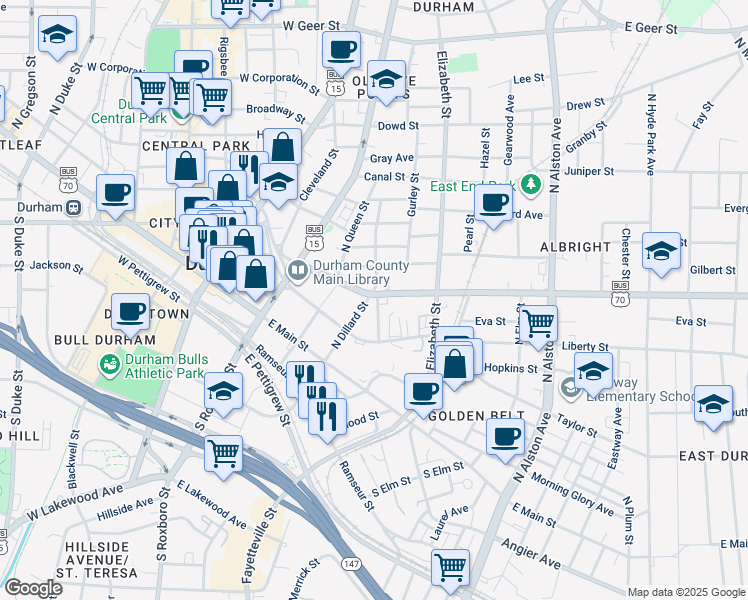 map of restaurants, bars, coffee shops, grocery stores, and more near 218 North Dillard Street in Durham