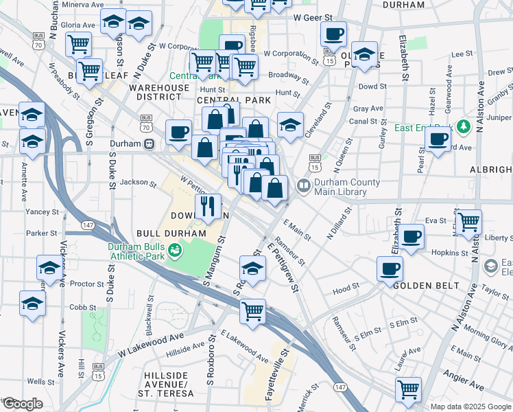 map of restaurants, bars, coffee shops, grocery stores, and more near 109 South Mangum Street in Durham