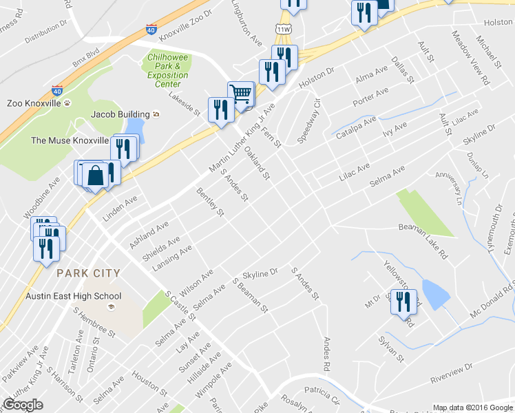 map of restaurants, bars, coffee shops, grocery stores, and more near 3438 Lansing Avenue in Knoxville