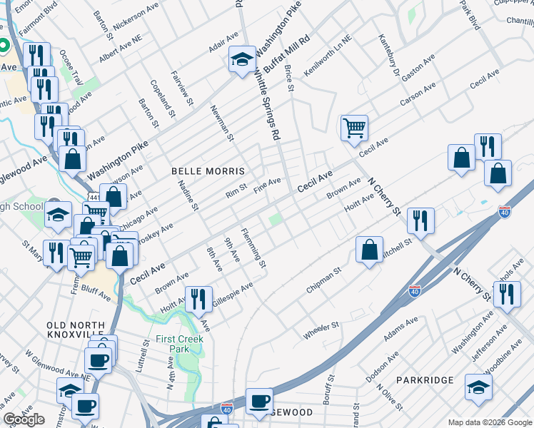 map of restaurants, bars, coffee shops, grocery stores, and more near 2100 Cecil Avenue in Knoxville