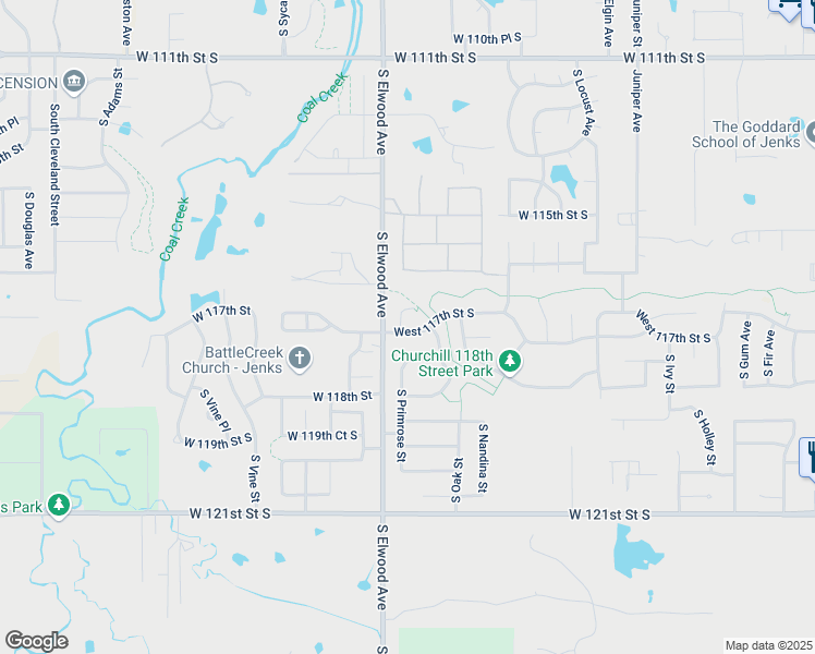 map of restaurants, bars, coffee shops, grocery stores, and more near 1706 West 117th Street South in Jenks