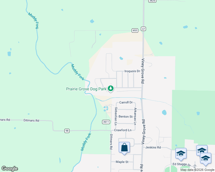 map of restaurants, bars, coffee shops, grocery stores, and more near 940 Bonnie Scotland Drive in Prairie Grove