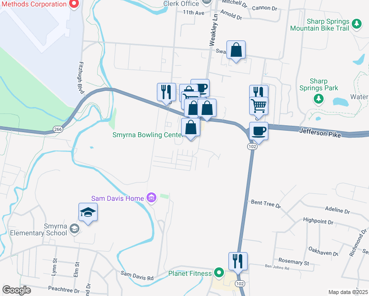 map of restaurants, bars, coffee shops, grocery stores, and more near 93 Weakley Lane in Smyrna