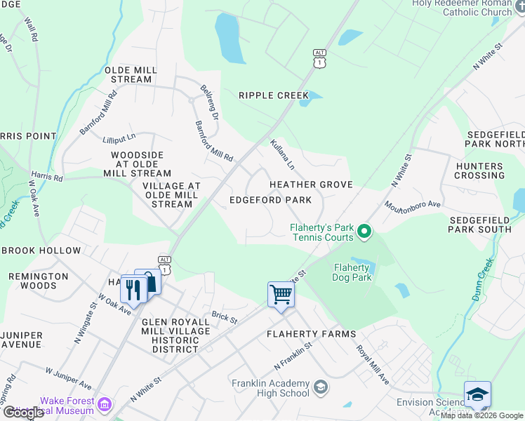 map of restaurants, bars, coffee shops, grocery stores, and more near 304 Rose Petal Run in Wake Forest