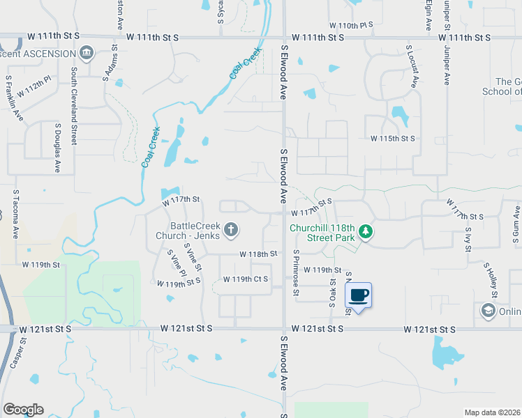 map of restaurants, bars, coffee shops, grocery stores, and more near 2010 South Umber Place in Jenks