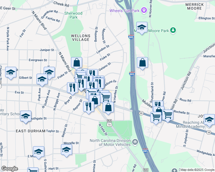 map of restaurants, bars, coffee shops, grocery stores, and more near 1108 Wellons Drive in Durham