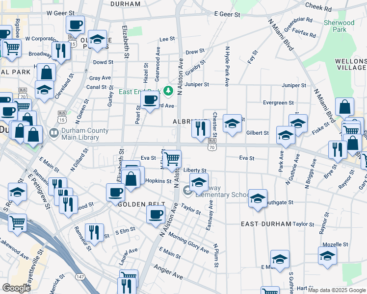 map of restaurants, bars, coffee shops, grocery stores, and more near 906 Holloway Street in Durham