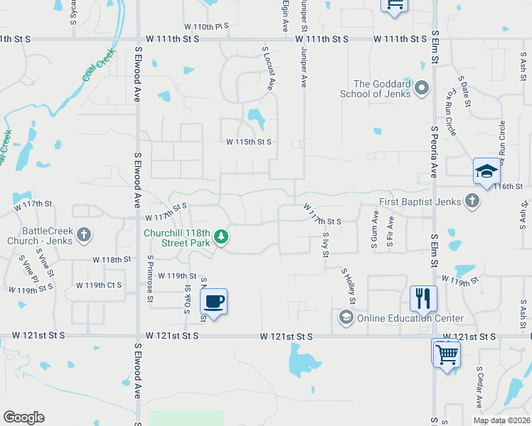 map of restaurants, bars, coffee shops, grocery stores, and more near 11626 South Mulberry Court in Jenks
