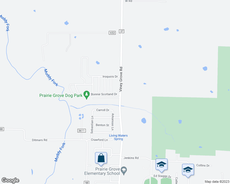 map of restaurants, bars, coffee shops, grocery stores, and more near 720 Bonnie Scotland Drive in Prairie Grove