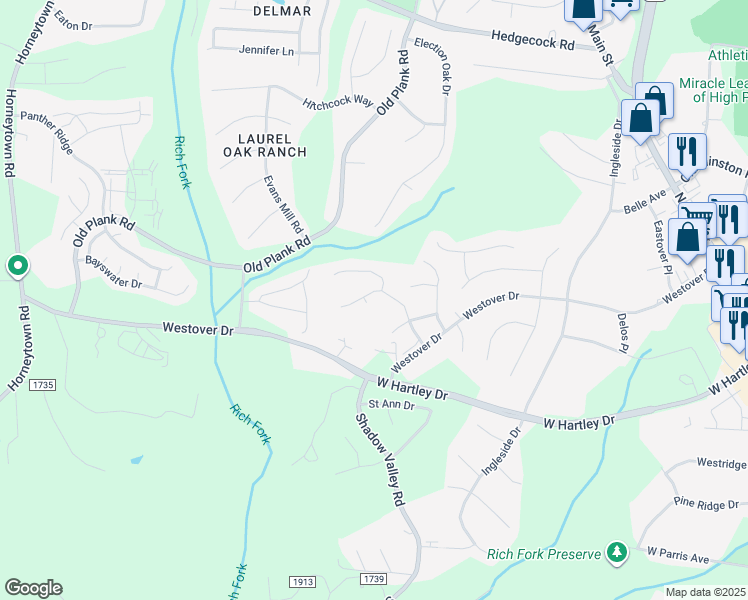 map of restaurants, bars, coffee shops, grocery stores, and more near 5425 Forester Drive in High Point
