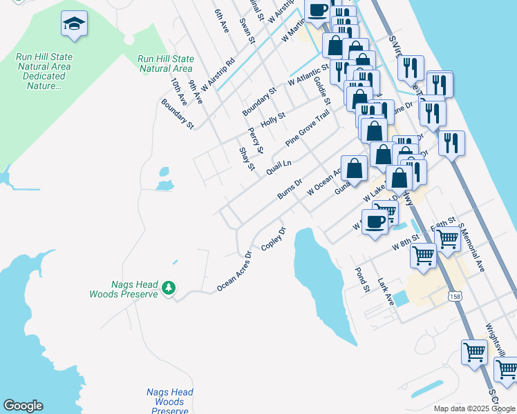 map of restaurants, bars, coffee shops, grocery stores, and more near 421 Burns Drive in Kill Devil Hills