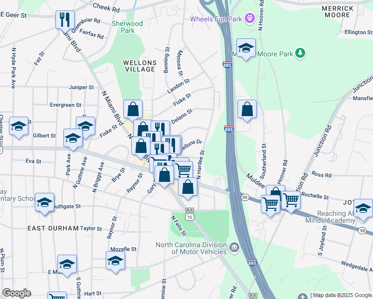 map of restaurants, bars, coffee shops, grocery stores, and more near 1108 Wellons Drive in Durham