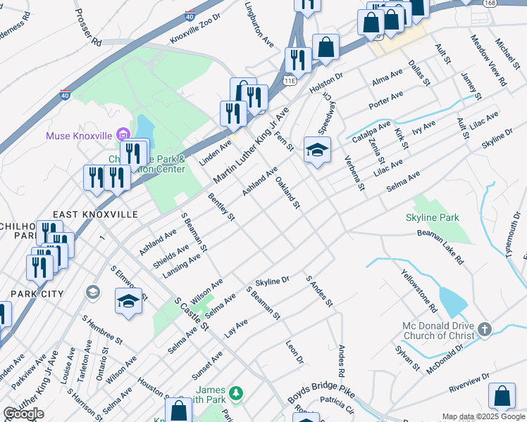 map of restaurants, bars, coffee shops, grocery stores, and more near 401 South Andes Street in Knoxville
