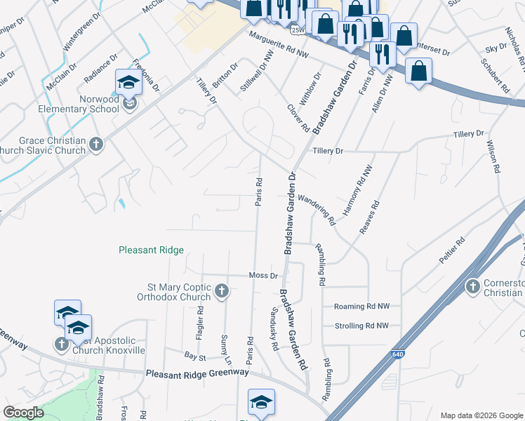 map of restaurants, bars, coffee shops, grocery stores, and more near 1606 Paris Road in Knoxville