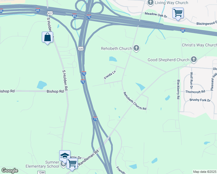 map of restaurants, bars, coffee shops, grocery stores, and more near 1609 Vernondale Road in Greensboro