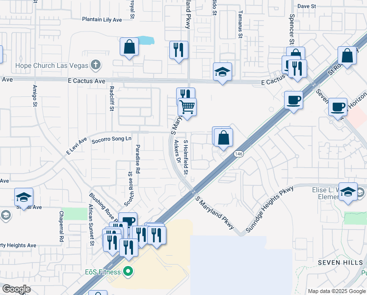 map of restaurants, bars, coffee shops, grocery stores, and more near 10751 South Holmfield Street in Henderson