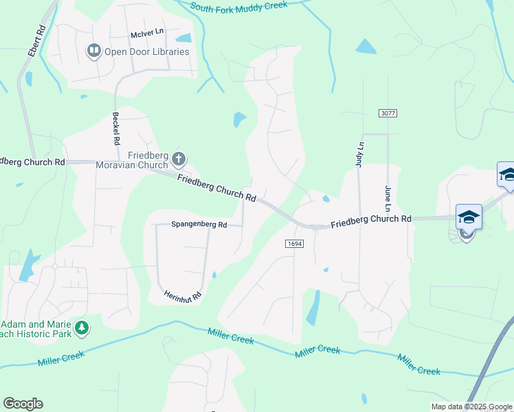 map of restaurants, bars, coffee shops, grocery stores, and more near 1853 Friedberg Church Road in Winston-Salem