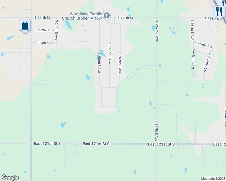 map of restaurants, bars, coffee shops, grocery stores, and more near 11664 South 252nd East Avenue in Broken Arrow