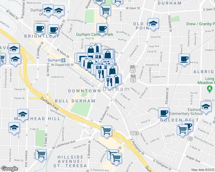 map of restaurants, bars, coffee shops, grocery stores, and more near 109 South Mangum Street in Durham