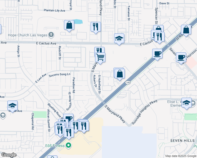 map of restaurants, bars, coffee shops, grocery stores, and more near 10751 South Holmfield Street in Henderson