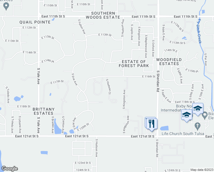 map of restaurants, bars, coffee shops, grocery stores, and more near 11620 South Hudson Court in Tulsa