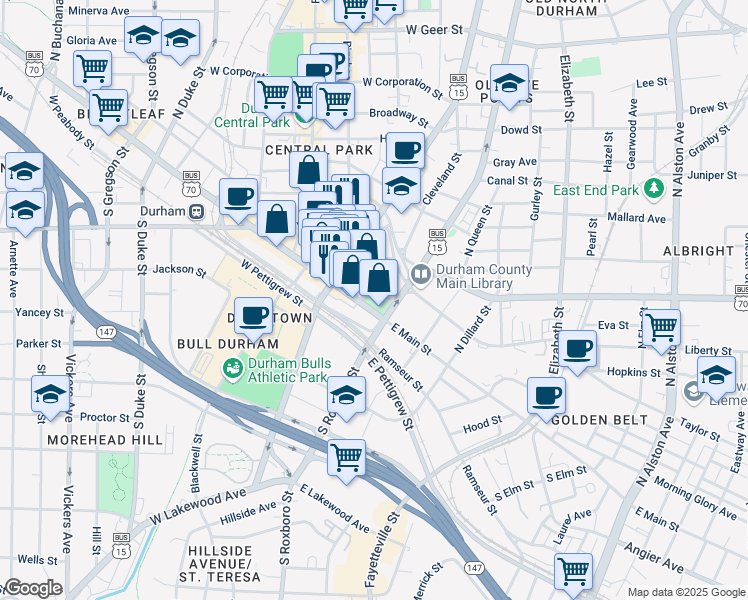 map of restaurants, bars, coffee shops, grocery stores, and more near 201 East Main Street in Durham