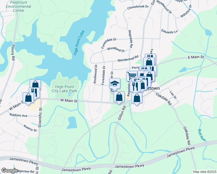 map of restaurants, bars, coffee shops, grocery stores, and more near 112 Forestdale Drive in Jamestown