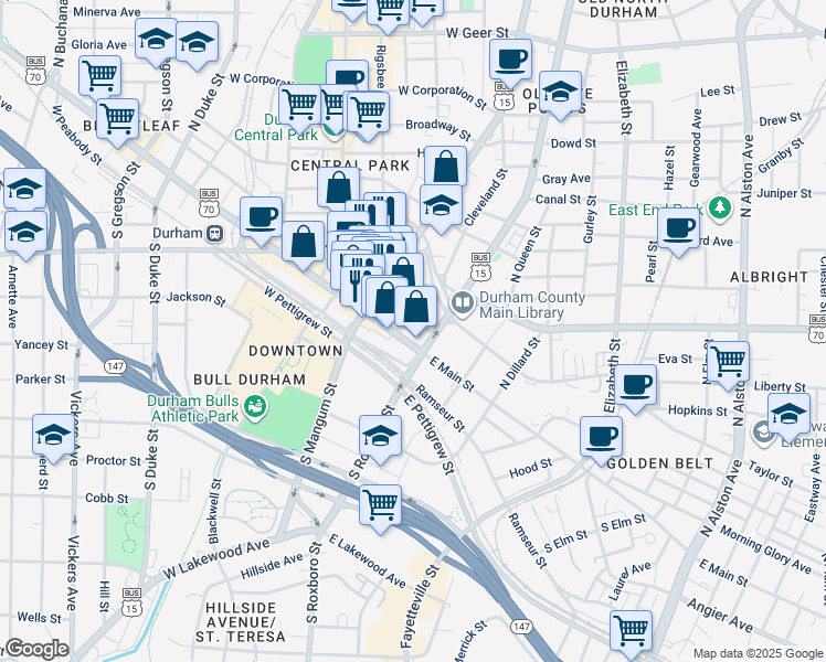 map of restaurants, bars, coffee shops, grocery stores, and more near in Durham