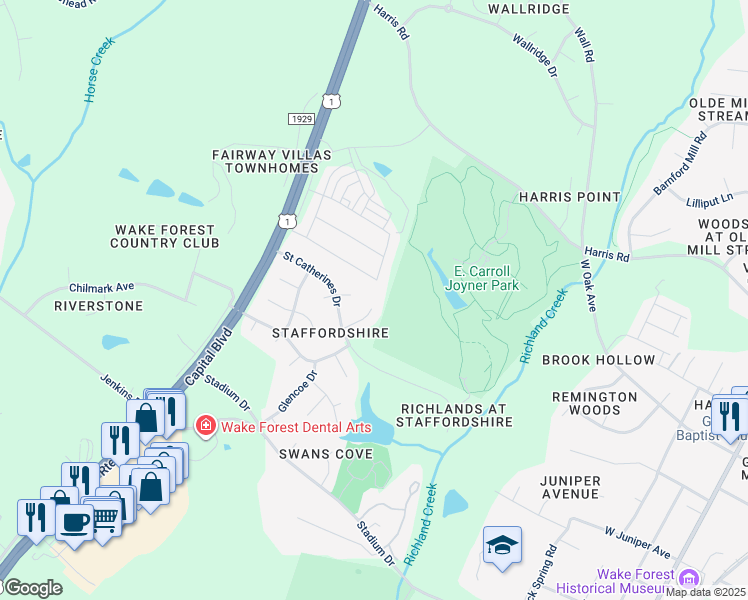 map of restaurants, bars, coffee shops, grocery stores, and more near 651 Guinness Place in Wake Forest