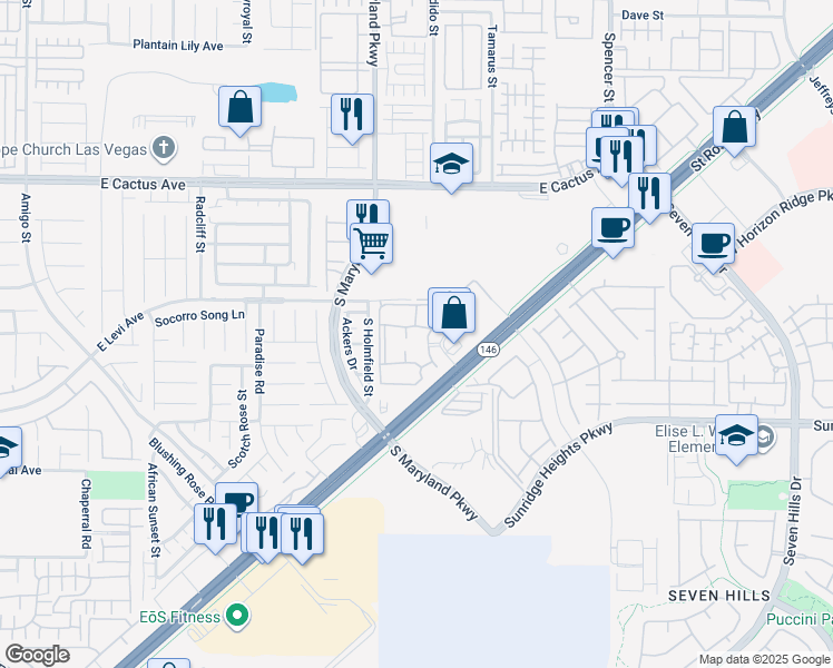 map of restaurants, bars, coffee shops, grocery stores, and more near 3370 Saint Rose Parkway in Henderson