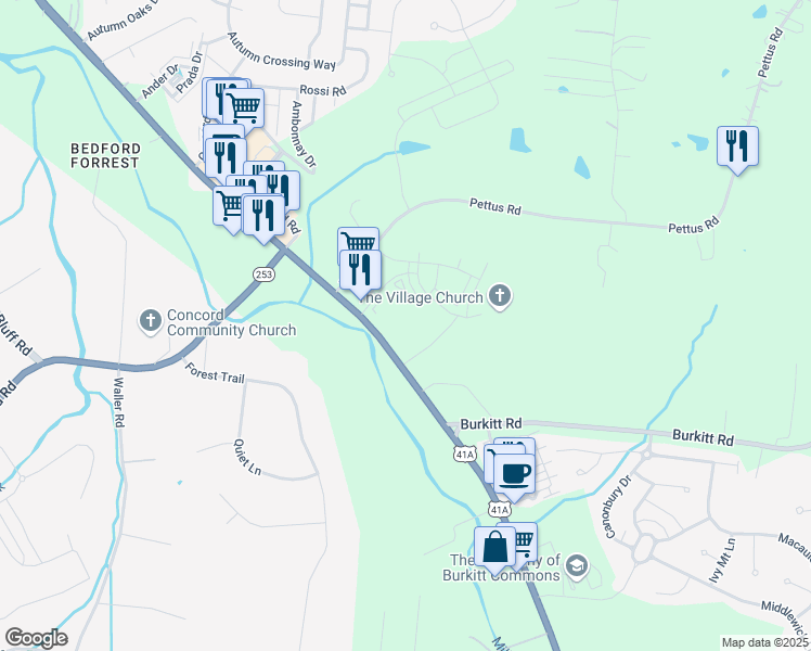 map of restaurants, bars, coffee shops, grocery stores, and more near 6930 Nolensville Pike in Brentwood