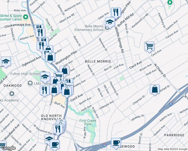 map of restaurants, bars, coffee shops, grocery stores, and more near 1898 McCroskey Avenue in Knoxville