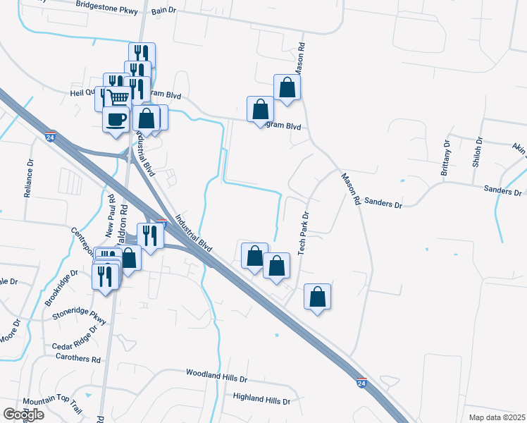 map of restaurants, bars, coffee shops, grocery stores, and more near 1 Walden Books Drive in La Vergne