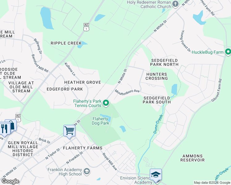 map of restaurants, bars, coffee shops, grocery stores, and more near 1209 Dagmar Lane in Wake Forest