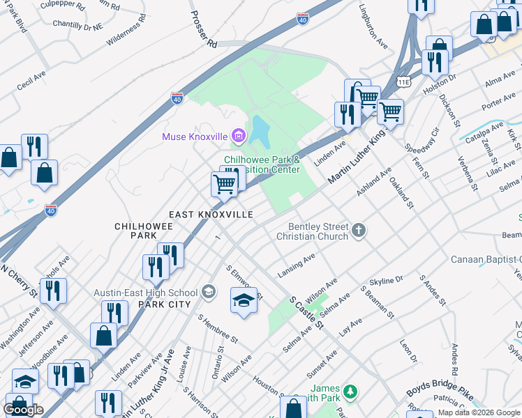 map of restaurants, bars, coffee shops, grocery stores, and more near 3201 Martin Luther King Junior Avenue in Knoxville