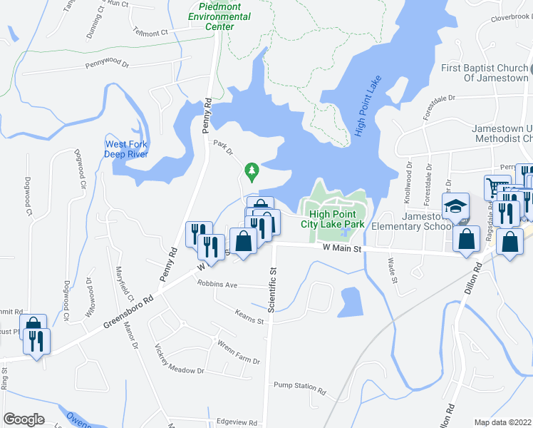 map of restaurants, bars, coffee shops, grocery stores, and more near 23 Cedar Creek in Jamestown