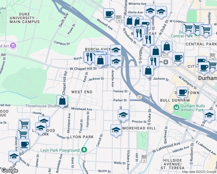 map of restaurants, bars, coffee shops, grocery stores, and more near 715 South Buchanan Boulevard in Durham