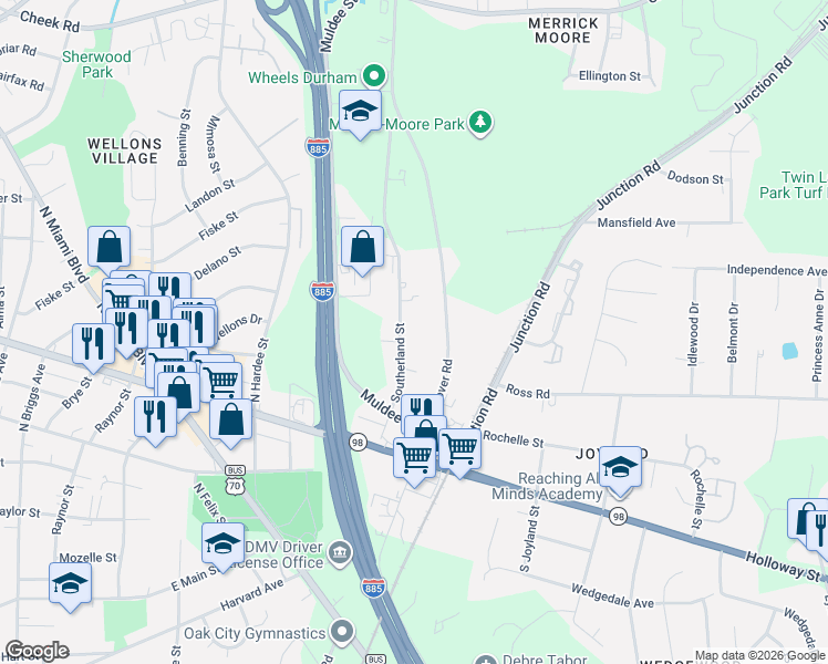 map of restaurants, bars, coffee shops, grocery stores, and more near 206 Southerland Street in Durham