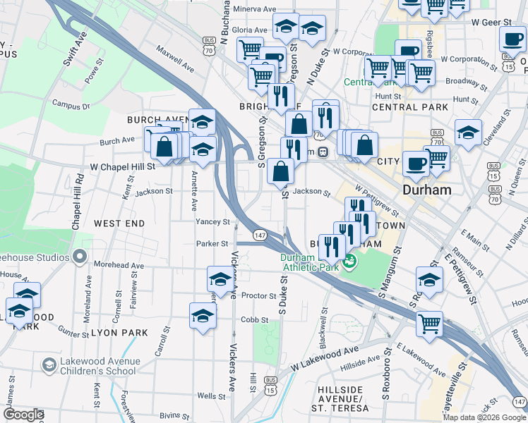 map of restaurants, bars, coffee shops, grocery stores, and more near 614 Yancey Street in Durham