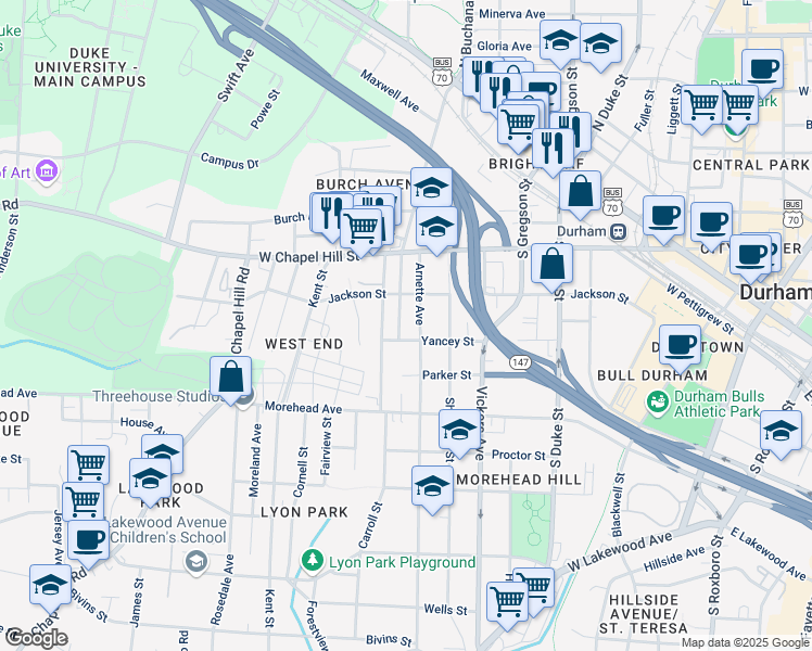 map of restaurants, bars, coffee shops, grocery stores, and more near 911 Yancey Street in Durham