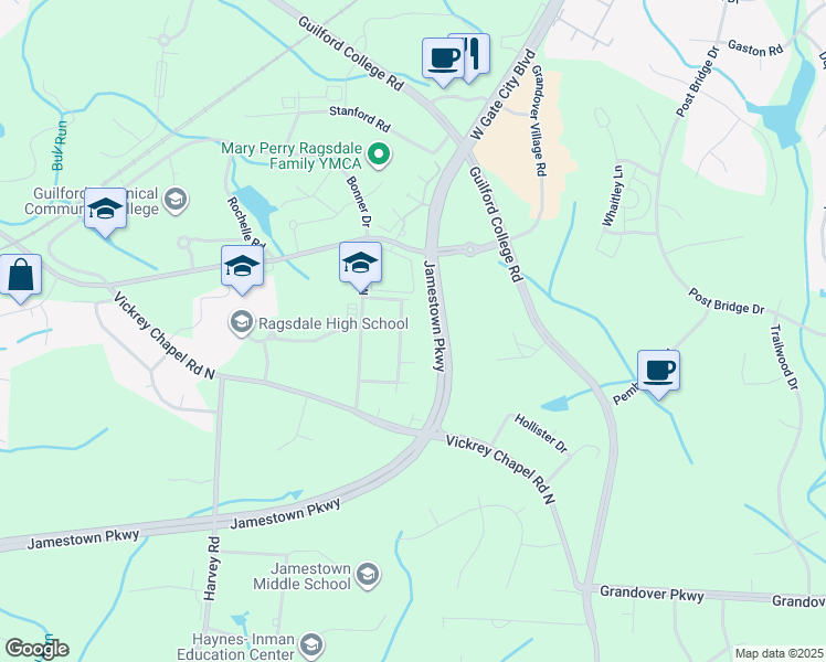 map of restaurants, bars, coffee shops, grocery stores, and more near 4503 Merlin Drive in Greensboro
