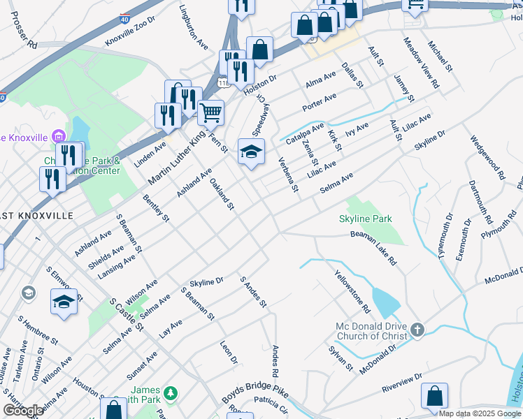 map of restaurants, bars, coffee shops, grocery stores, and more near 3636 Selma Avenue in Knoxville